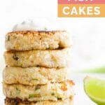 Tuna Fish Cake Pinterest Pin (Stack of Tuna Fish Cakes on Plate)