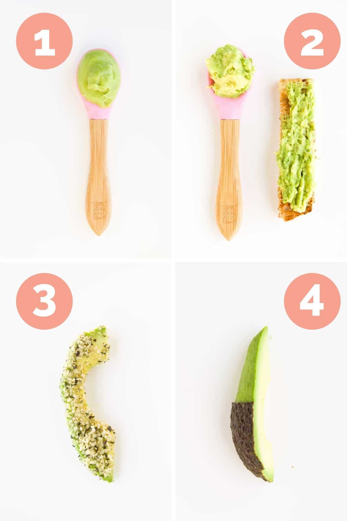 Collage of Four Images Showing Ways to Serve Avocado to a Baby