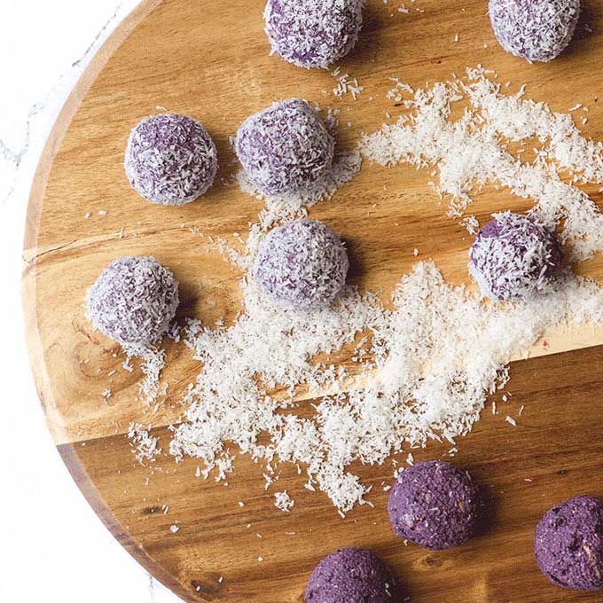 Blueberry Bliss Balls Rolled in Coconut