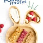 Porridge Fingers Pinterest Pin Showing Image of 3 Porridge Fingers on Baby Bunny Plate.