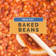 Pinterest Pin Showing Close Up of Baked Beans in Pot.