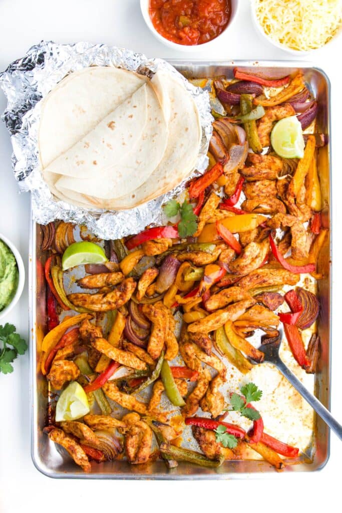 Chicken Fahitas on Sheet Pan with Flour Tortillas