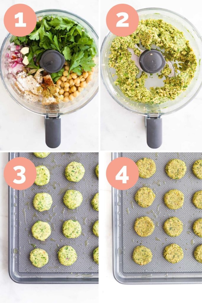 Collage of 4 Images Showing Steps to Make Falafels. 1 Add Ingredients to Food Processor 2) Ingredients blended 3) Falafels formed on Baking Tray Before Baking 4)Falafels after Baking