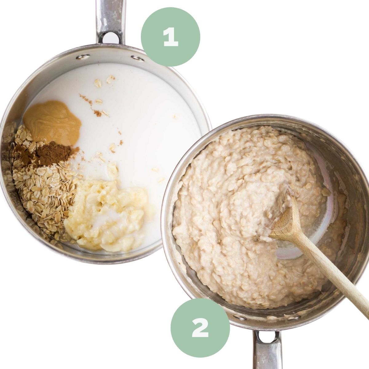 Image of 2 Pans. Pan 1 Porridge Ingredients uncooked and Pan 2 Porridge cooked