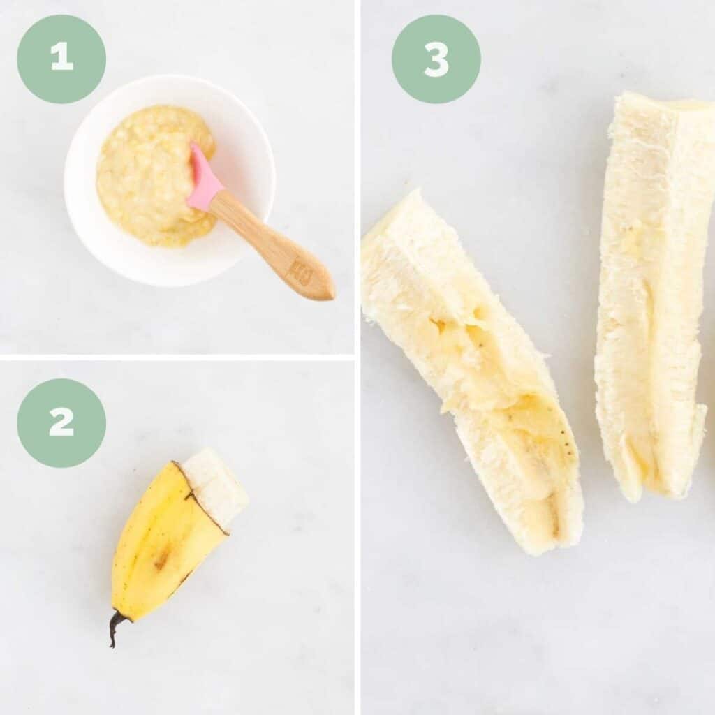 Collage of 3 Images Showing How to Serve Banana to a Baby (mashed, banana skin handle and banana spears)