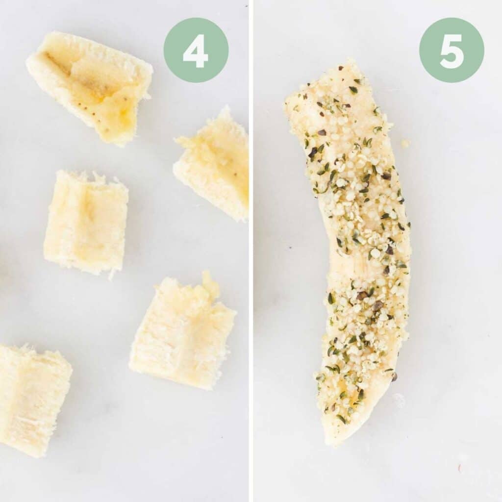 Collage of Two Images 1) Banana Cut in Chunks 2)Banana Spear Rolled in Hemp Seeds