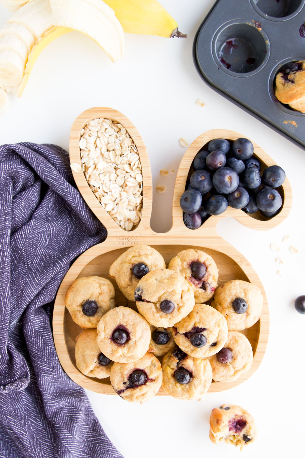 Mini Blueberry Muffins on Bunny Toddler Plate with Blueberries and Oats in Ears. Muffin Tray and Banana in Background