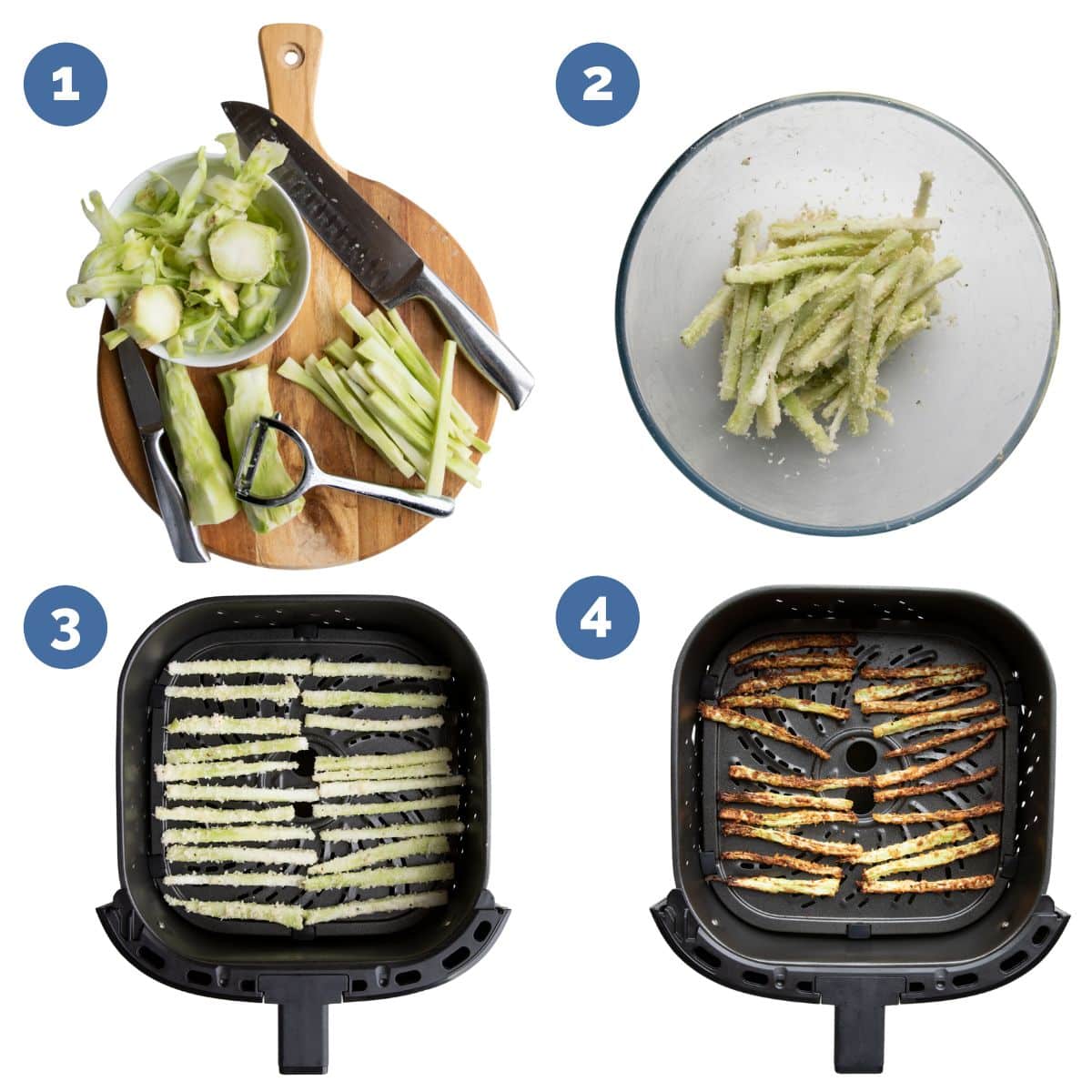 Collage of 4 Images Showing Process Shots for Broccoli Fries. 1 Peeled and Chopped Stems 2) Coated Fries 3) Fries in Air Fryer Before Cooking and 4) After Cooking. 