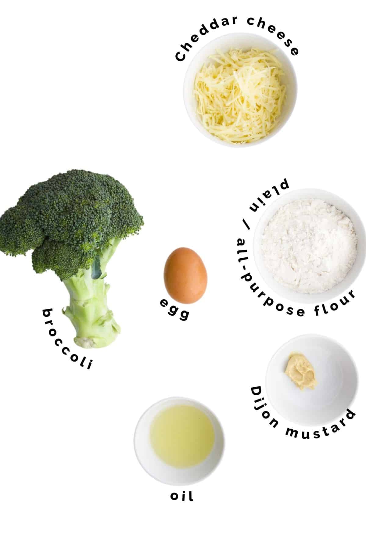 Flat Lay of Ingredients Needed to Make Broccoli Fritters.