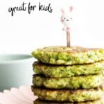 Broccoli Fritters Pinterest Pin with Image of Stack of Broccoli Fritters.