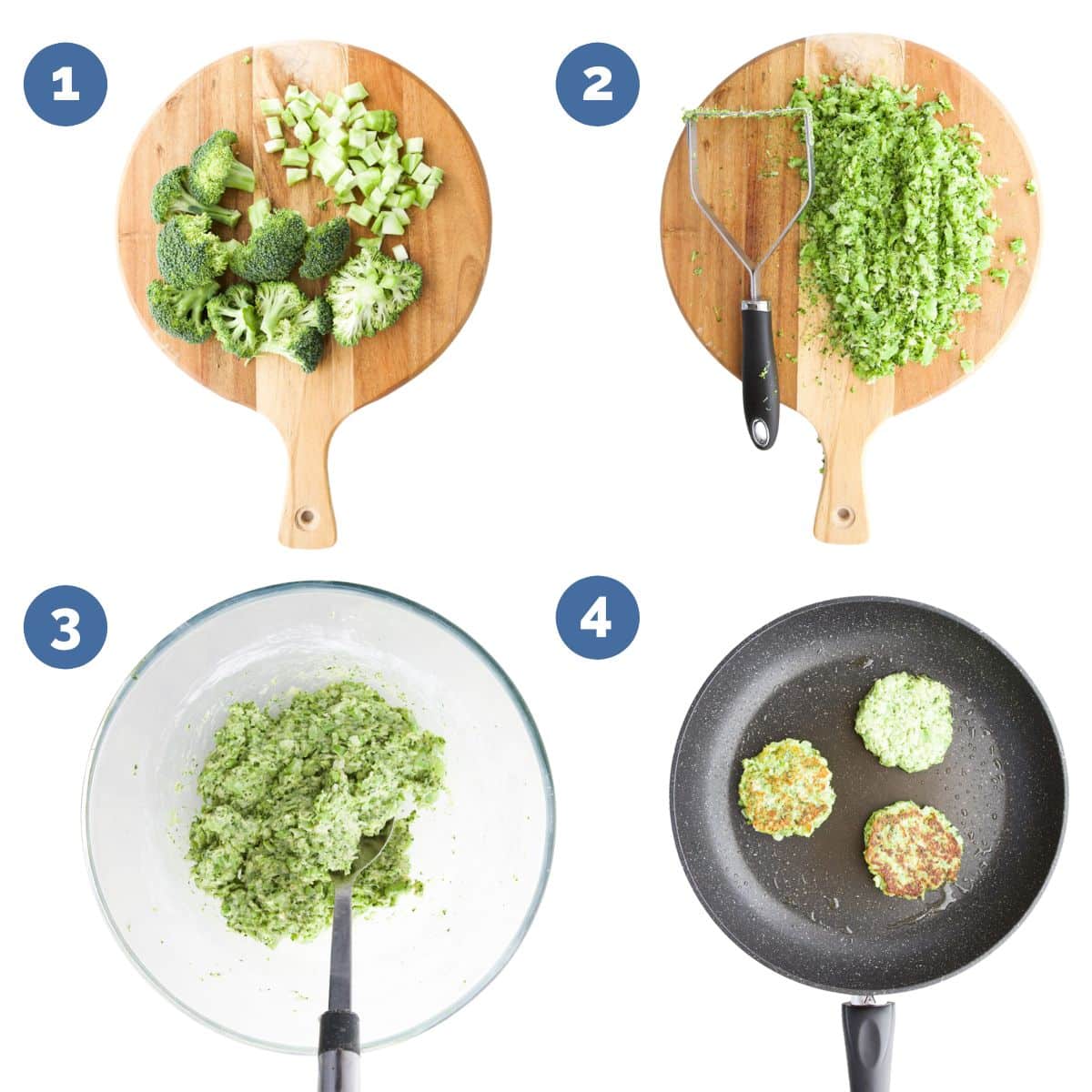 Collage of 4 Images Showing How to Make Broccoli Fritters. 1) Prepare Broccoli for Steaming 2) Mashed Steamed Broccoli on Board 3)Ingredients Mixed Together in Bowl 4) Fritters in Pan. 