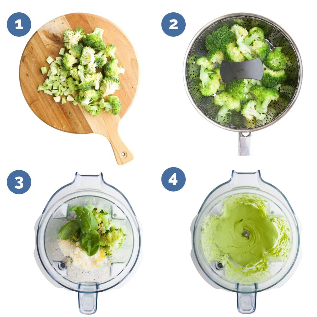 Collage of 4 Images Showing How to Make Broccoli pesto. Chop Broccoli, Broccoli in Steamer, Ingredients in Blender Before Blending and After Blending. 