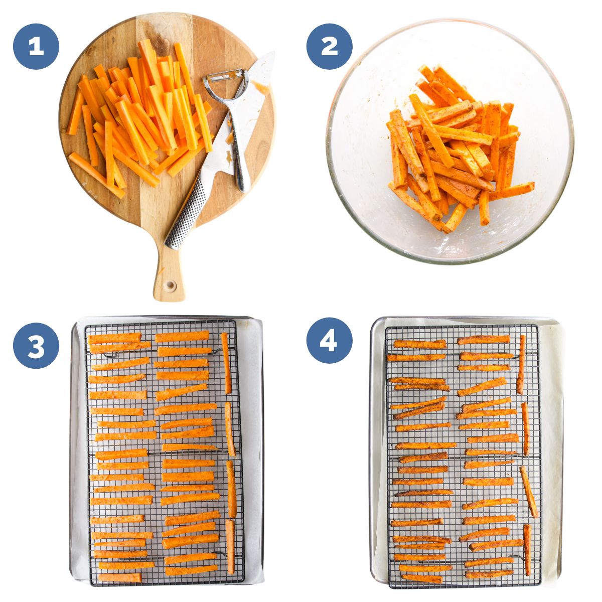 Collage of 4 Images Showing How to Make Carrot Fries. Chopped Carrots on Chopping Board, Coated Carrots in Bowl, Carrots on Baking Sheet Before and After Baking.