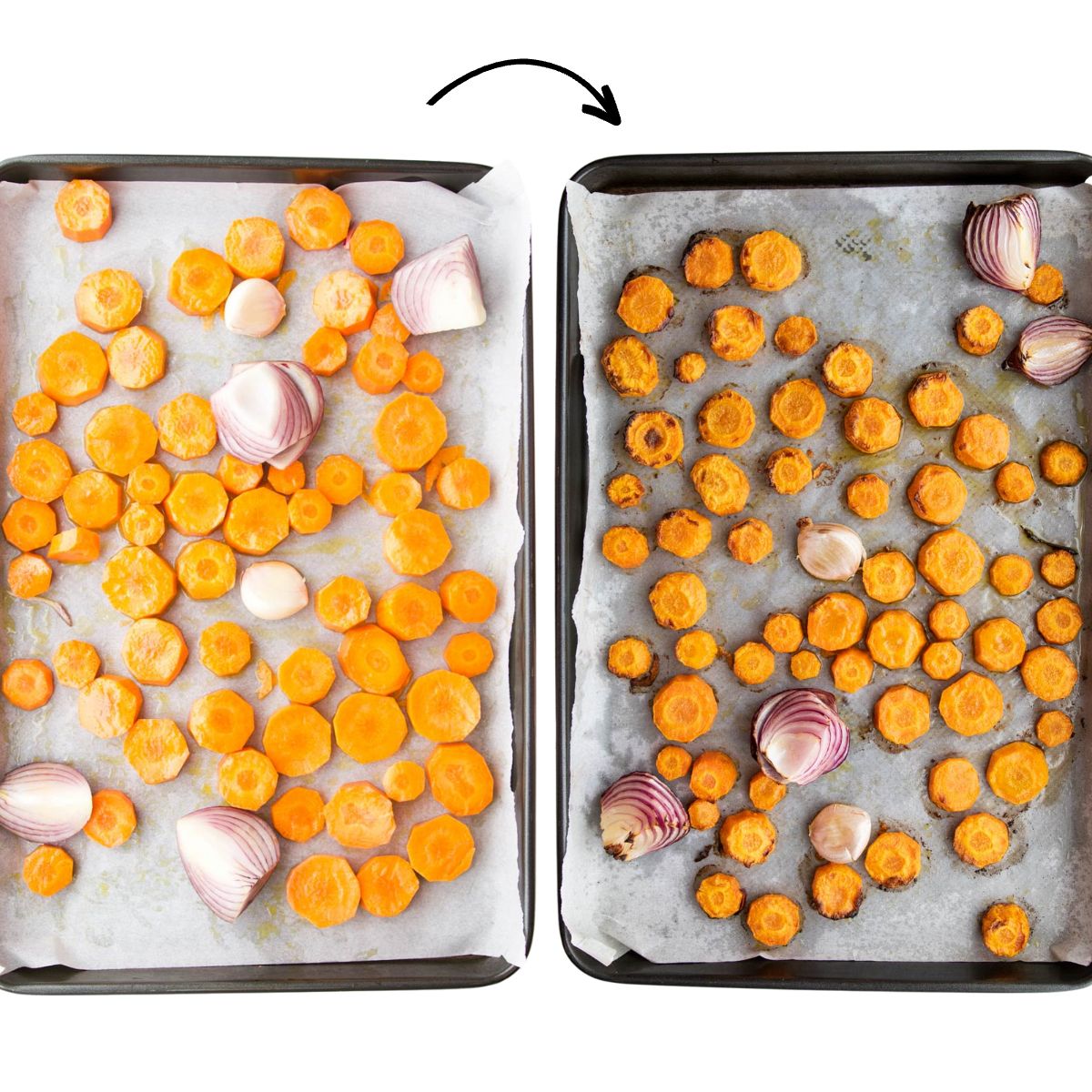 Two Pictures of Chopped Carrots, Onion and Garlic Cloves on Baking Tray Before and After Baking.