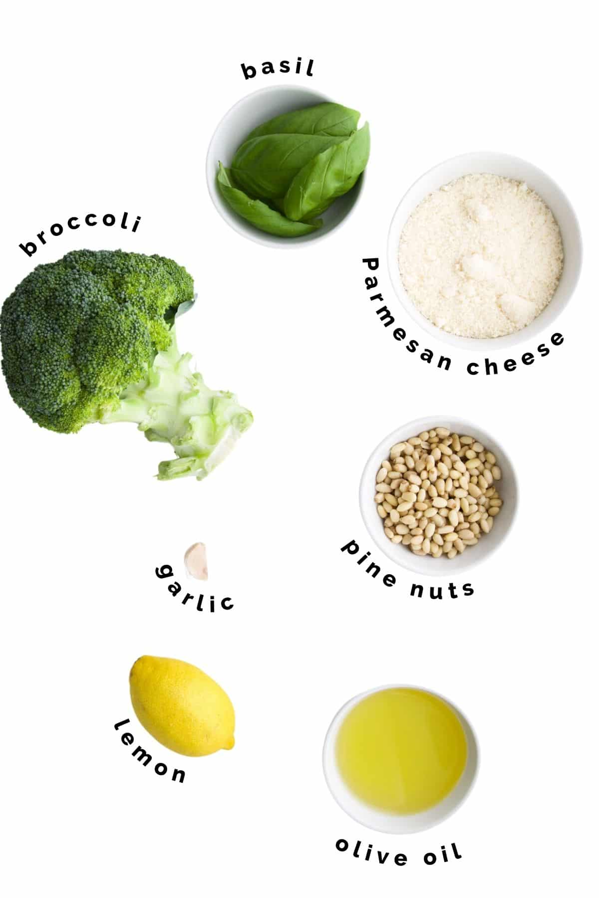 Flat Lay of Ingredients Needed to Make Broccoli Pesto.