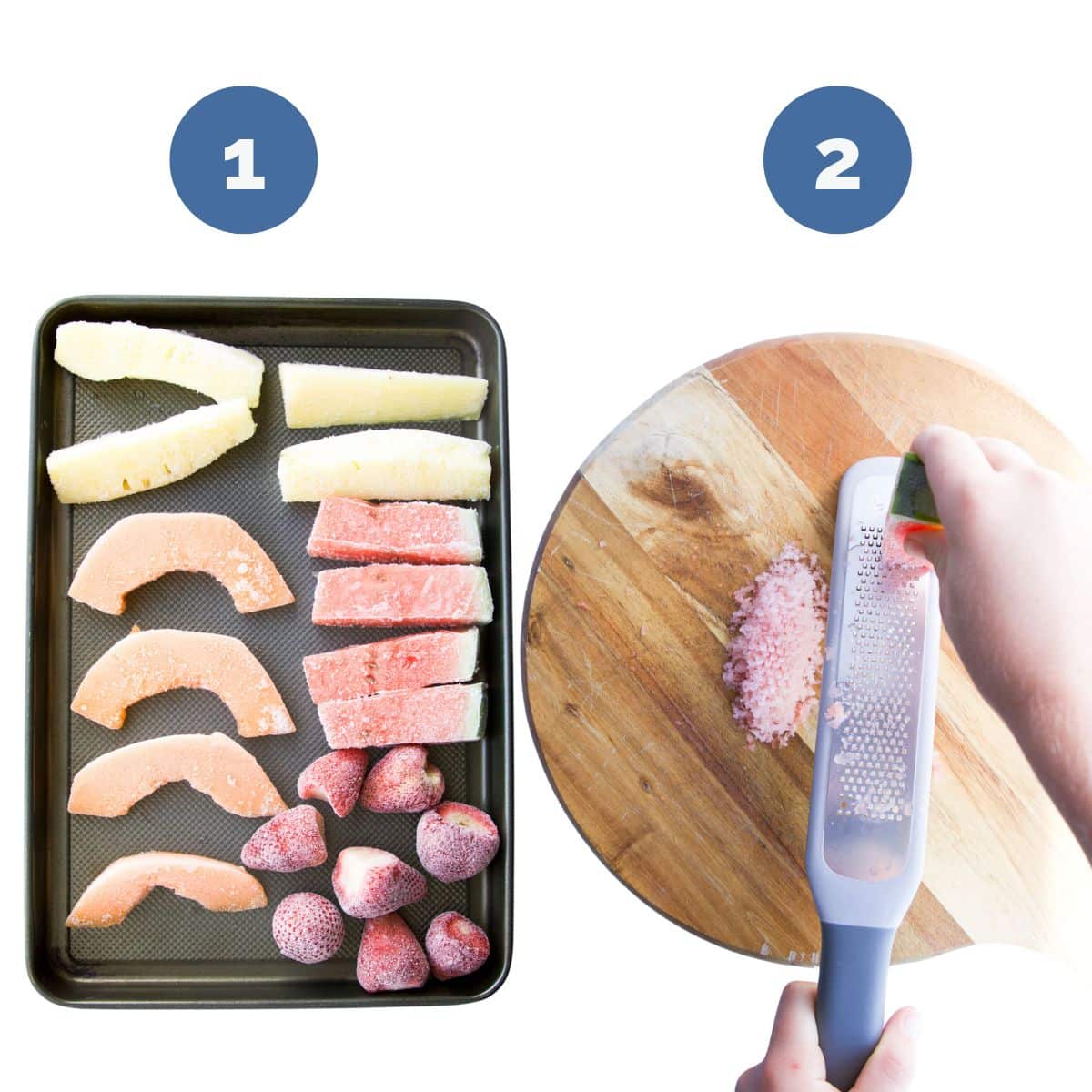 Two Images Side By Side One of Frozen Fruit on Tray and the Second of a Hand Grating Frozen Watermelon Using a Microplane Grater. 