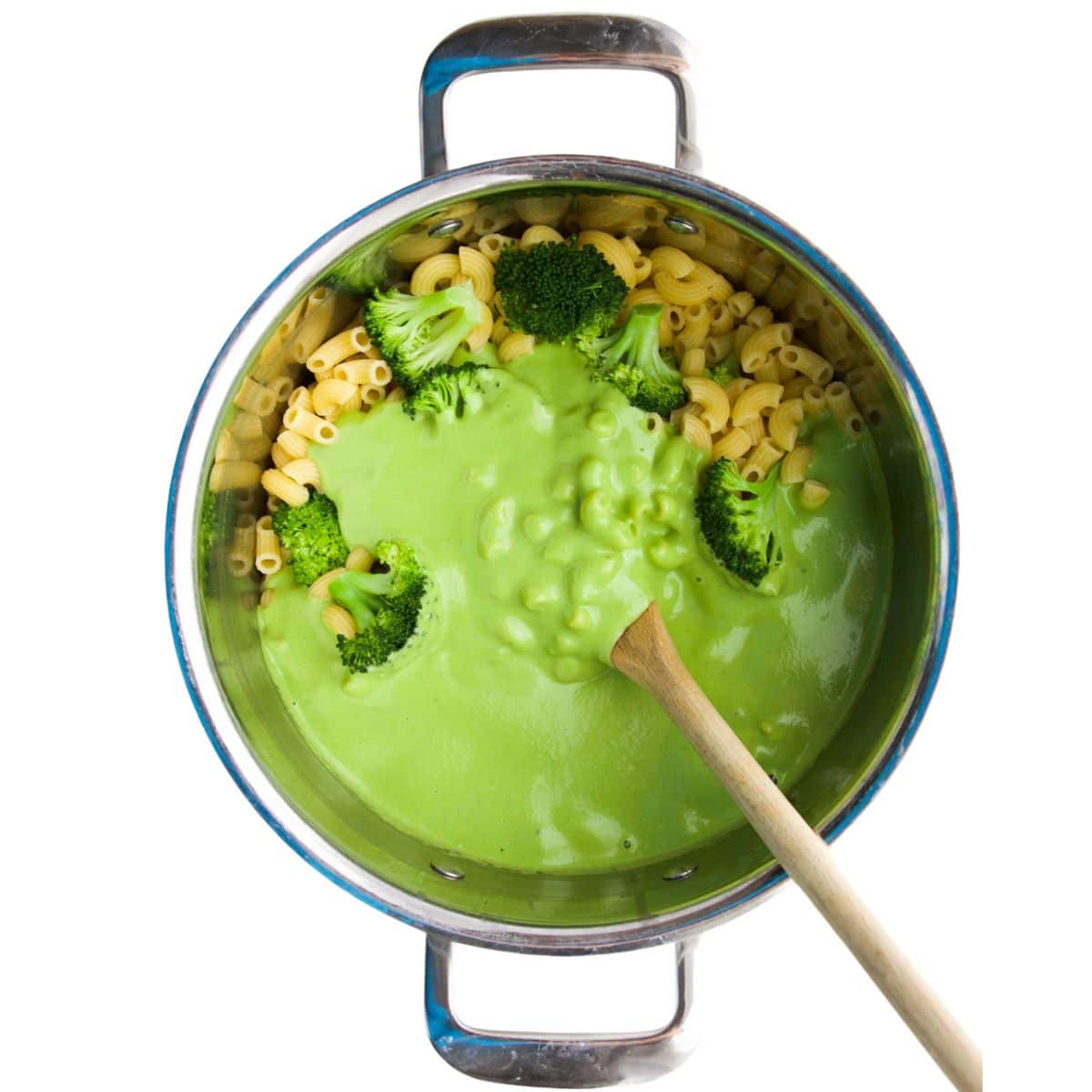 Green Sauce in Pan with Broccoli, Pasta and Peas.