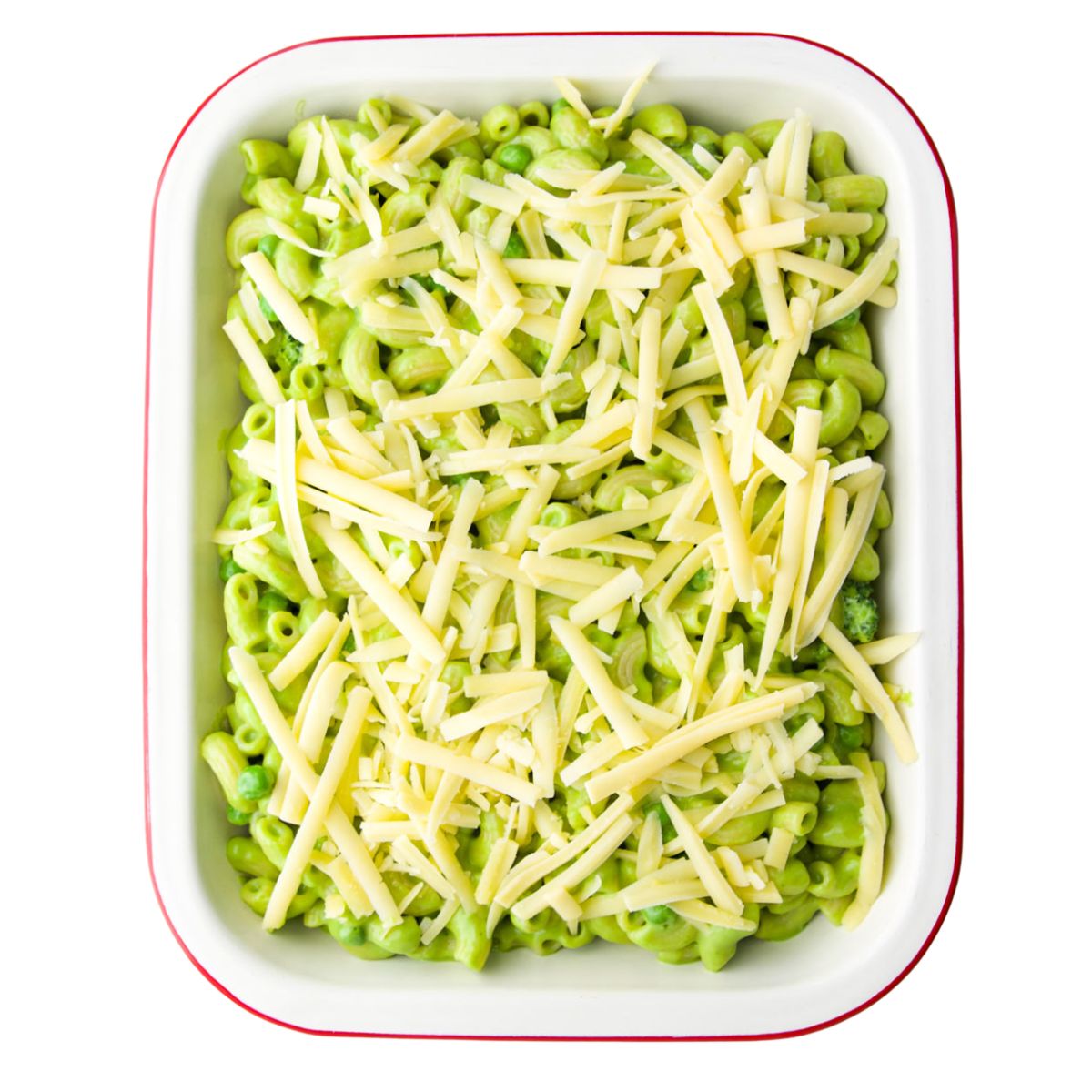 Green Mac and Cheese in Baking Dish Topped with Grated Cheese.