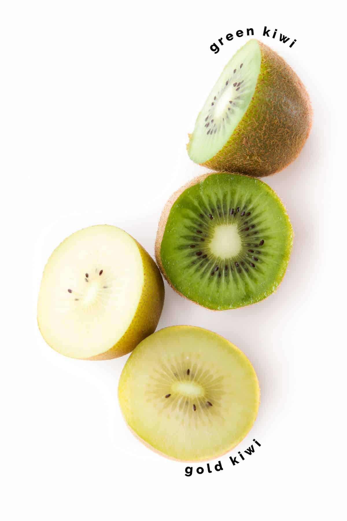 A Green and Gold Kiwi Cut Both Cut in Half.