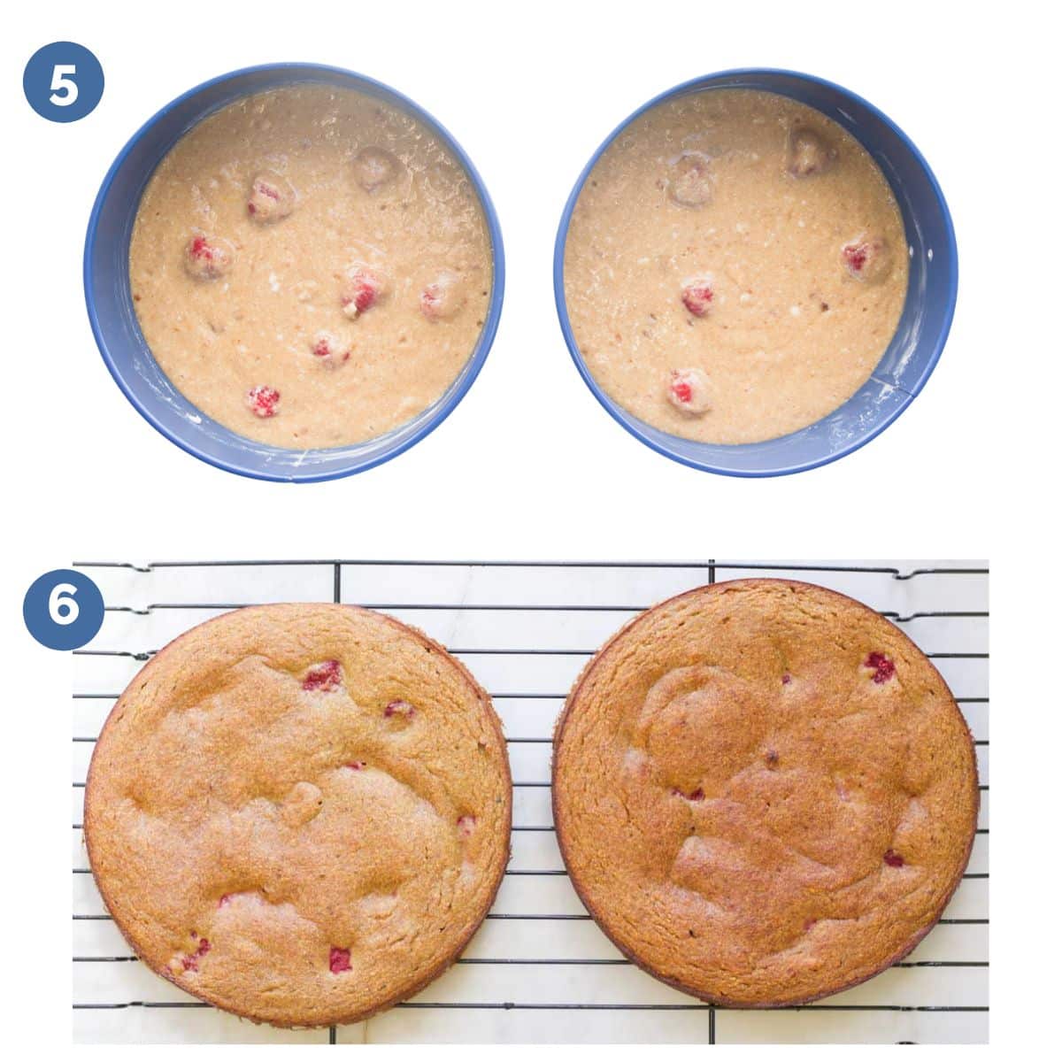 First Birthday Cake Batter in Pans Before and After Cooking.