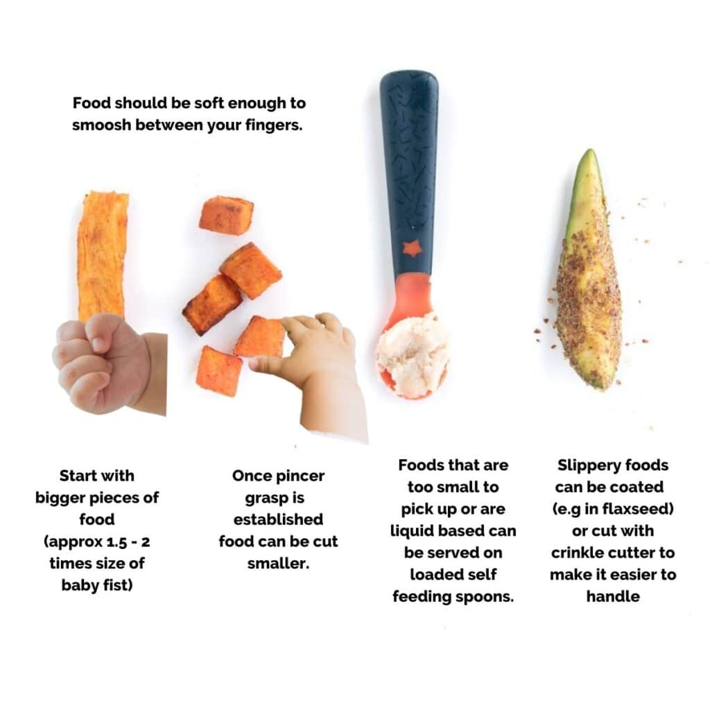 Image Showing How to Prepare Foods for Baby Led Weaning. Image of Sweet potato wedge cut to 2 x size of Baby Fist. Sweet Potato cut into Small Pieces with Baby Hand Showing Pincer Grasp. Loaded Baby Spoon with Bean Mash. Avocado Spear Coated in Flazseed. Text Underneath Explaining Images