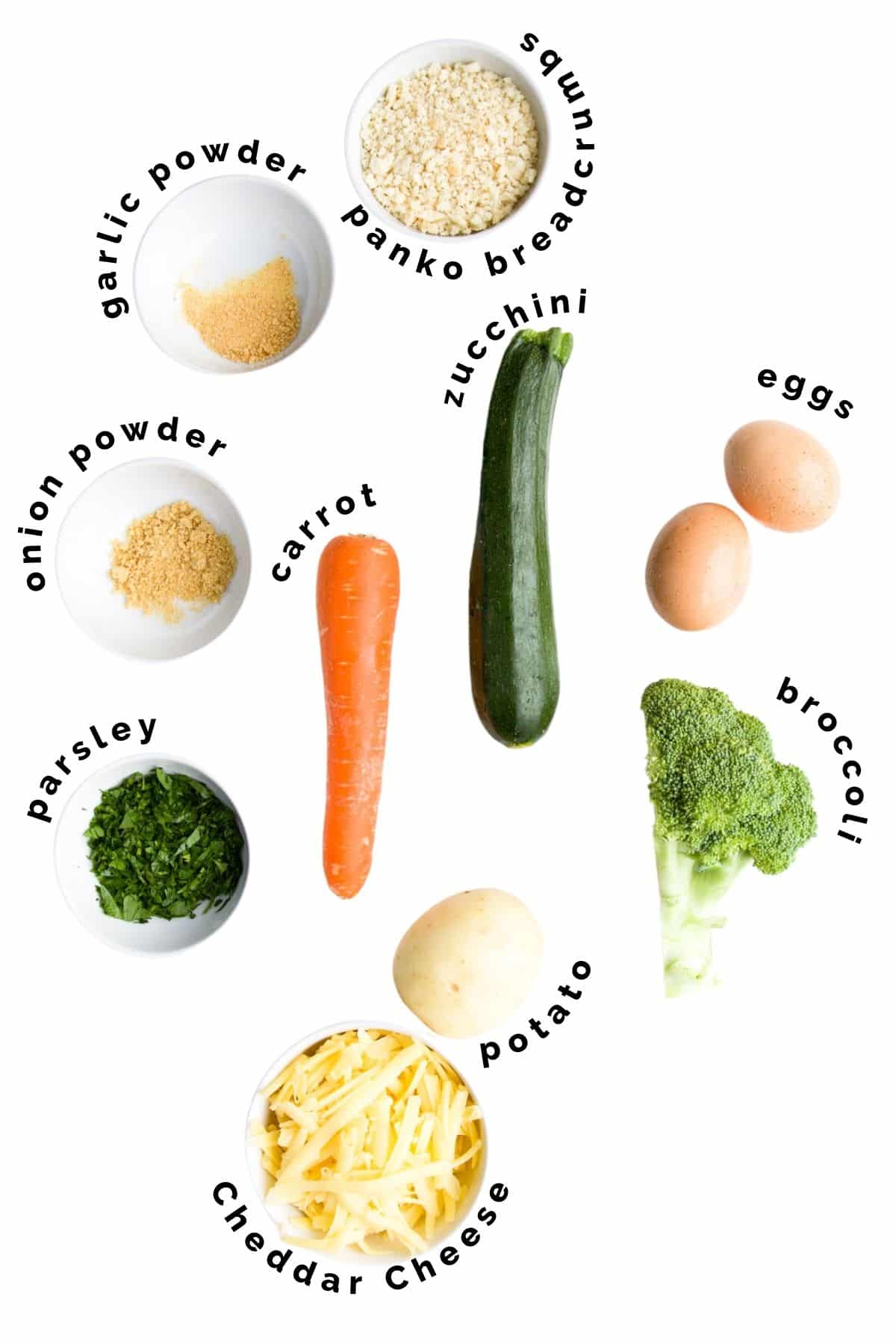 Flat Lay of Ingredients Needed to Make Veggie Tots.