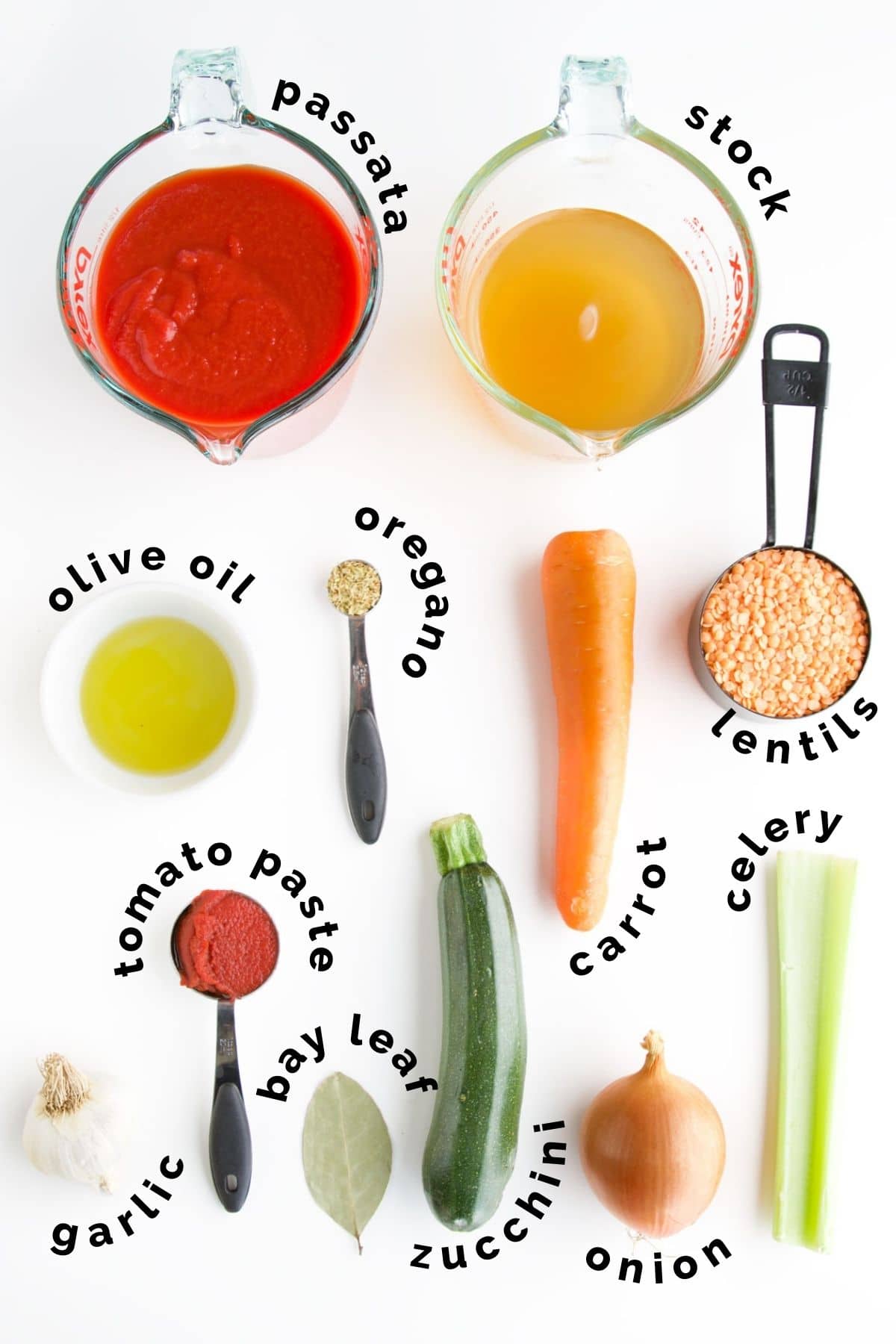 Flat Lay of Baby Pasta Sauce Ingredients (Labelled)