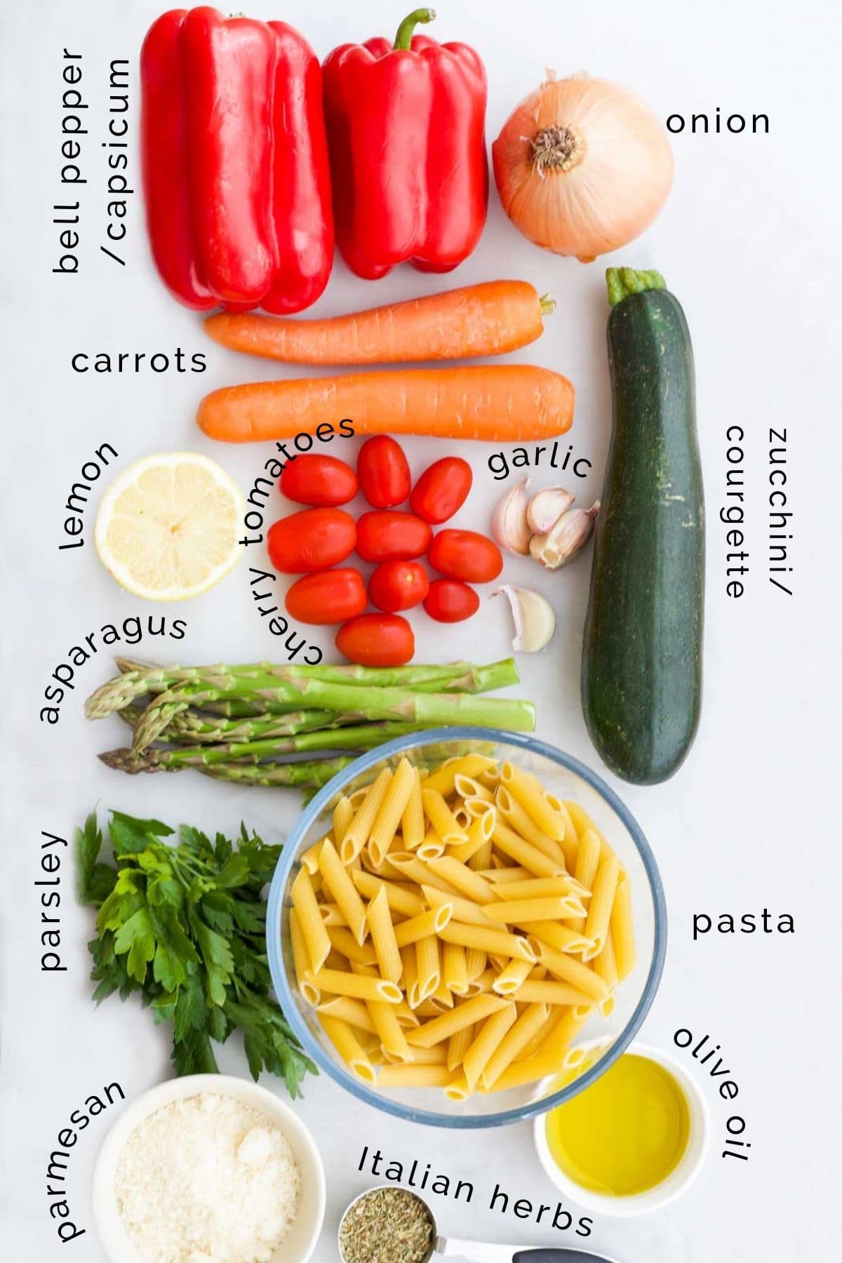 Flat Lay of Ingredients Needed to Make Roasted Vegetable Pasta