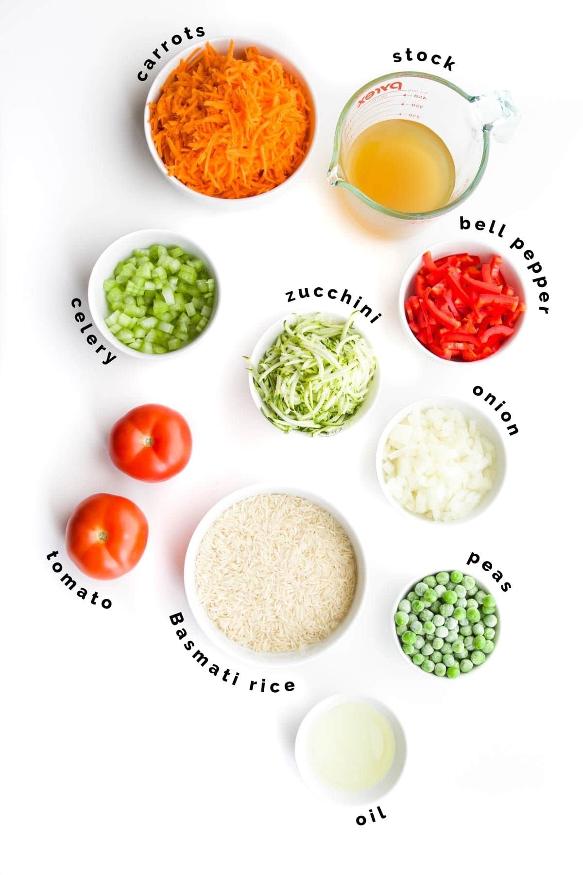 Over Head Shot of Ingredients Needed to Make Vegetable Rice