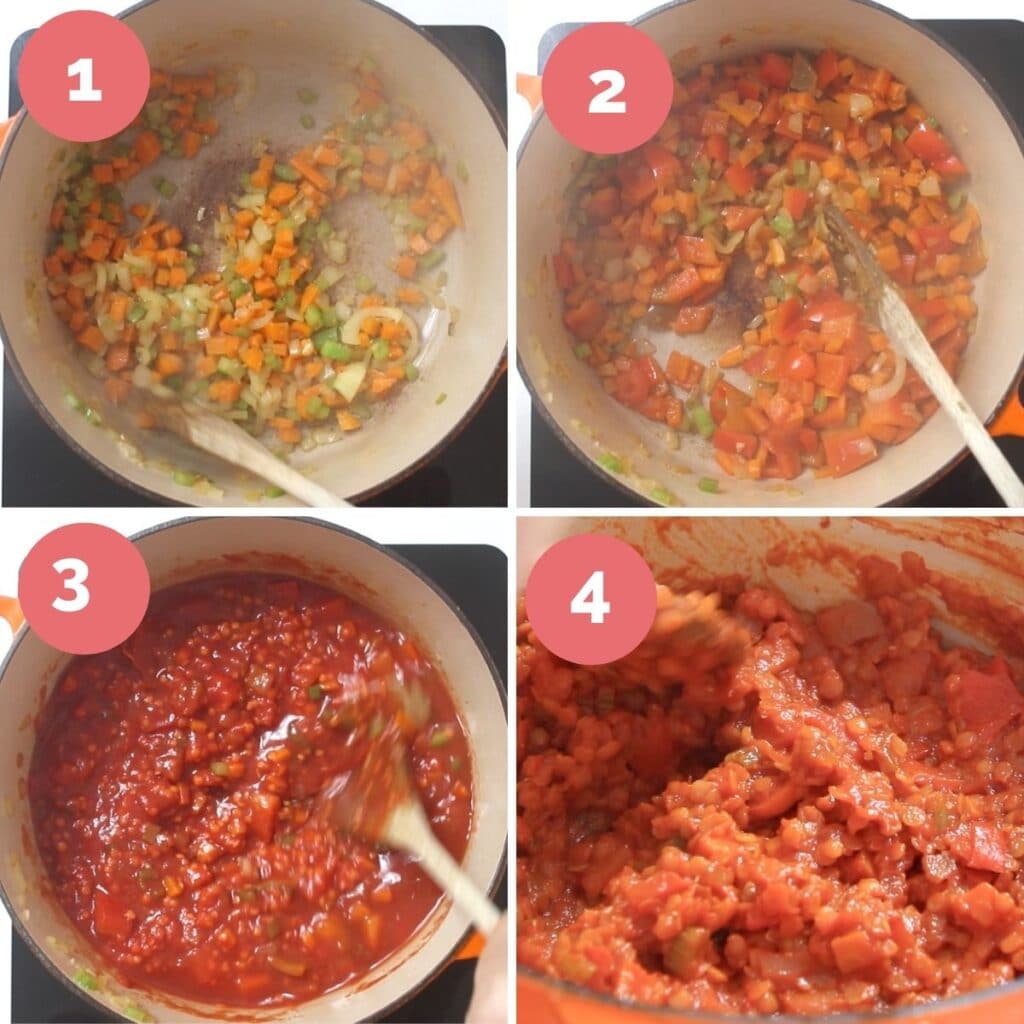 Collage of 4 Images Showing the Process Steps to Making Lentil Filling for Lasagne