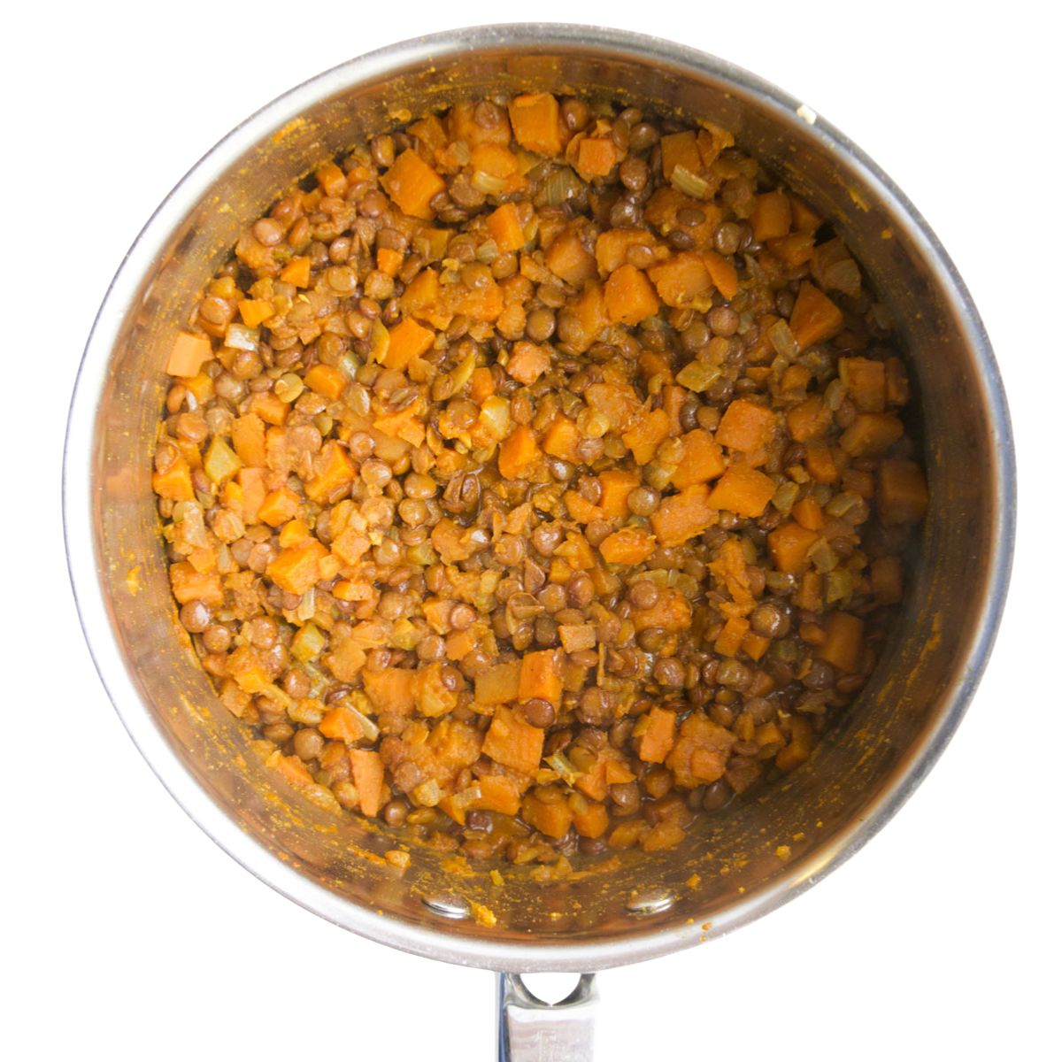 Lentils Cooked with Sweet Potato and Veggies in Pot. 