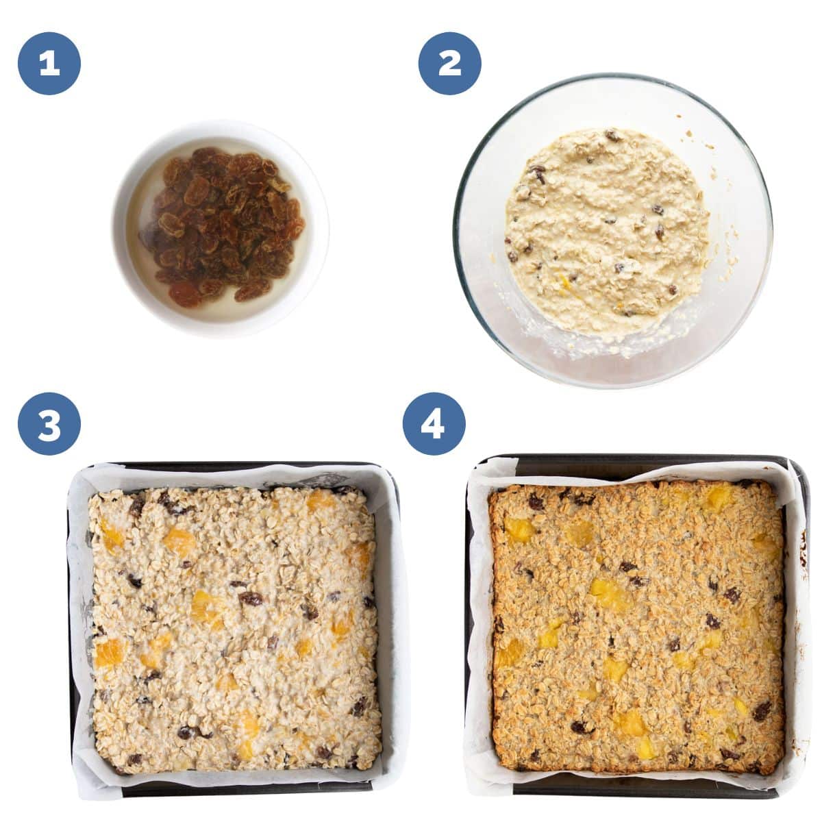 Collage of 4 Images Showing How to Make Baked Mango Oats. 