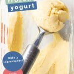 Pinterest Pin Glass Container of Frozen Mango Yogurt with Ice Cream Scoop Removing Portion. Text overlay "Frozen mango Yogurt"