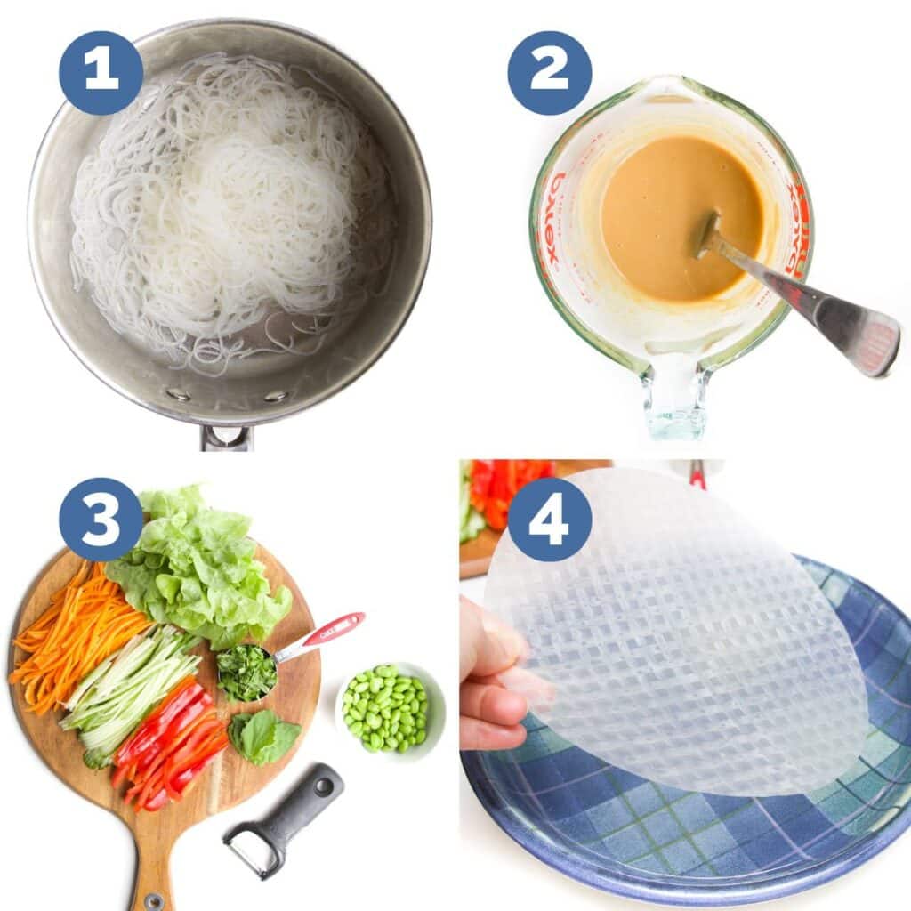 Collage of 4 Images 1) Cooked Vermicelli Noodle in Pan 2) Sauce Ingredients Mixed in Glass Jar 3) Vegetables Chopped and Prepared 4) Placing Rice Paper Wrapper into Bowl of Water