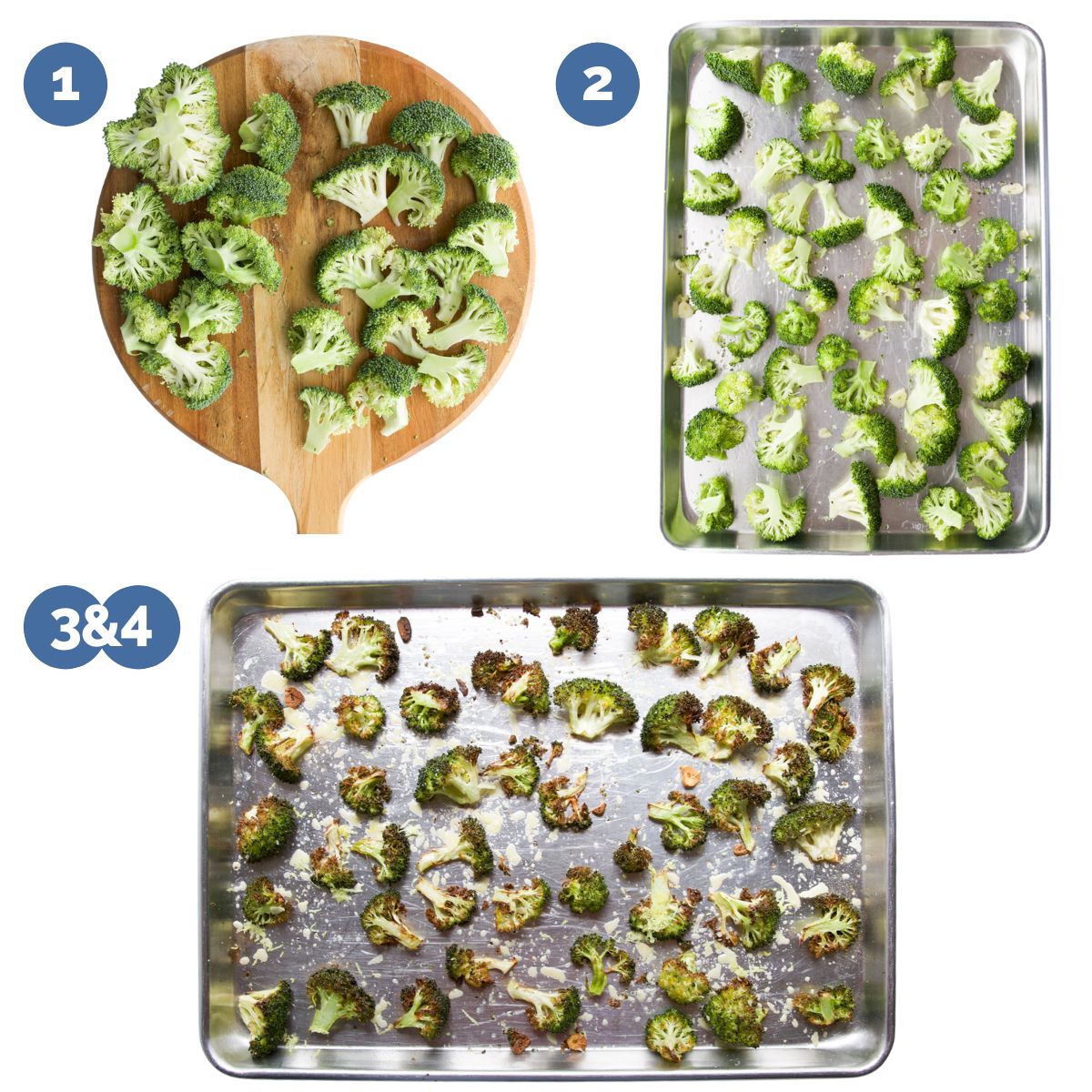 Collage of 3 Images Showing How To Make Roasted Broccoli. 1) Broccoli Florets on Board 2) Broccoli on Tray Before Roasting 3) Broccoli on Tray After Roasting. 