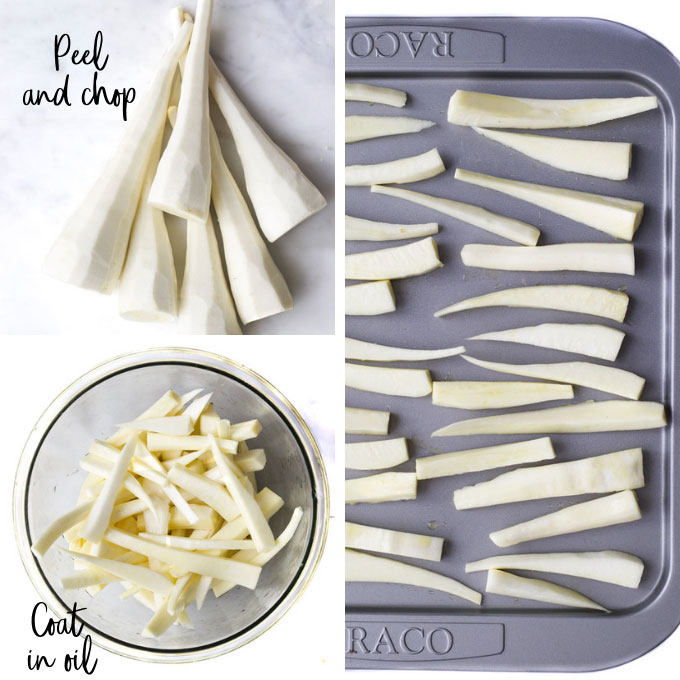 How To Make Roasted Parsnips Process Steps. (Peel, Chop, Oil, Cook)