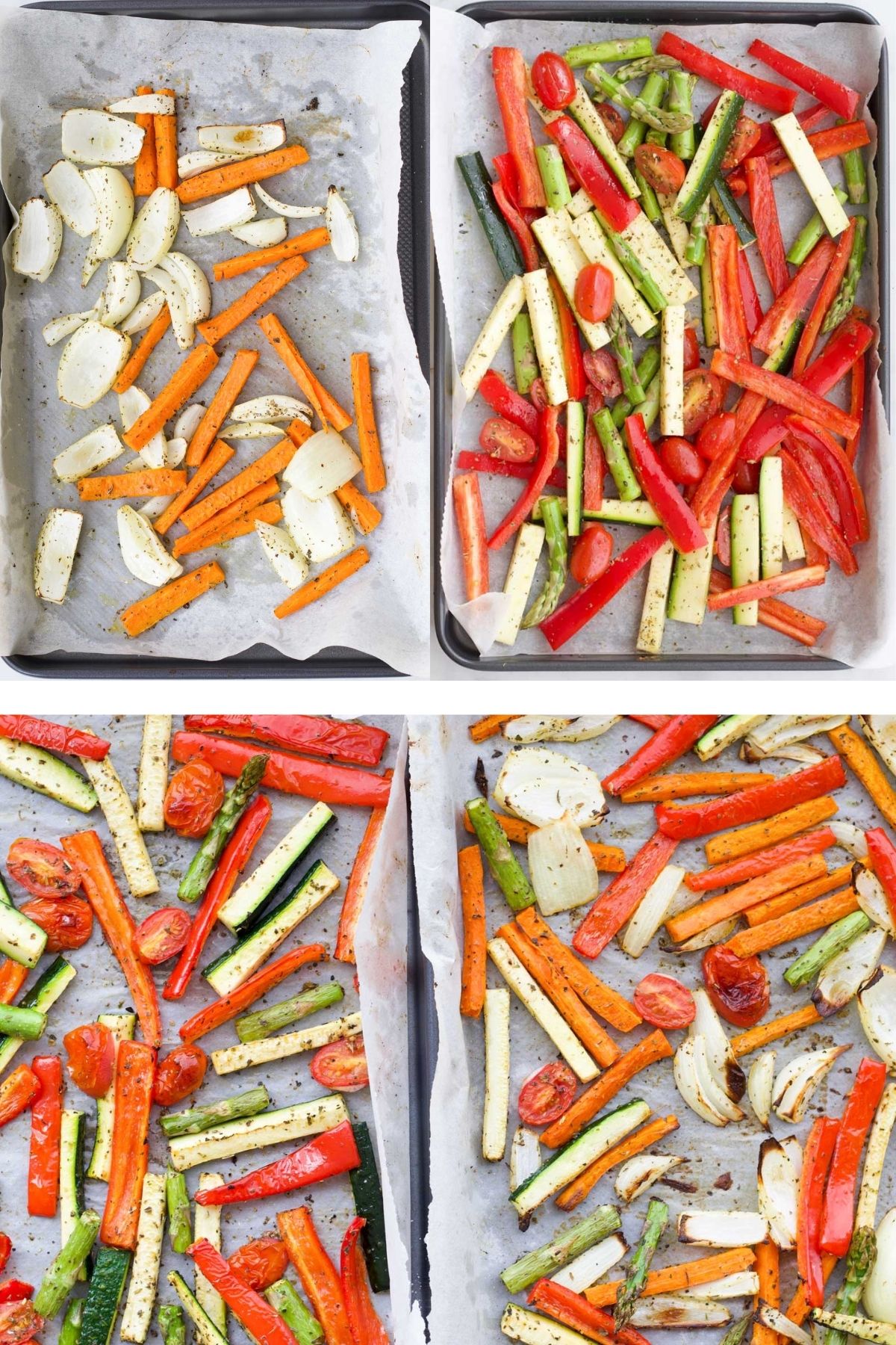 Roasted Vegetables on Tray Before and After Cooking