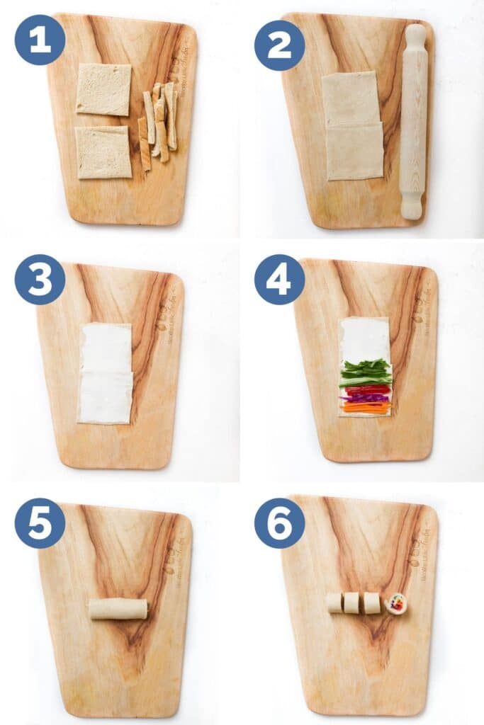 Collage of 6 Images SHowing How to Make Sandwich Roll Ups Using Bread