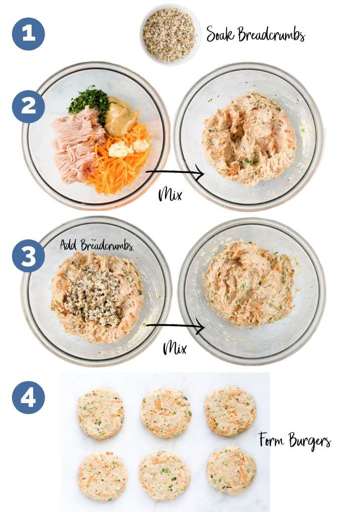 Visual Guide to Various Stages of Forming Satay Chicken Patties (Ingredients Before and After Mixing & Patties Formed)