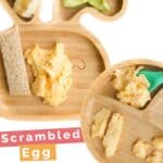 Pinterest Pin Showing Plate of Scrambled Eggs Served with Toast, Banana and Avocado and a Seperate Plate Showing Strips of Scrambled Egg, Pieces of Scrambled Egg and Scrambled Egg served with Spoon.