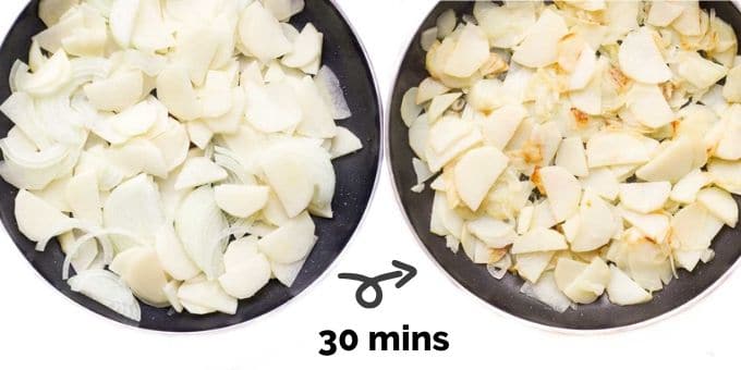 Potato and Onion for Spanish tortilla in Pan (before and after cooking)