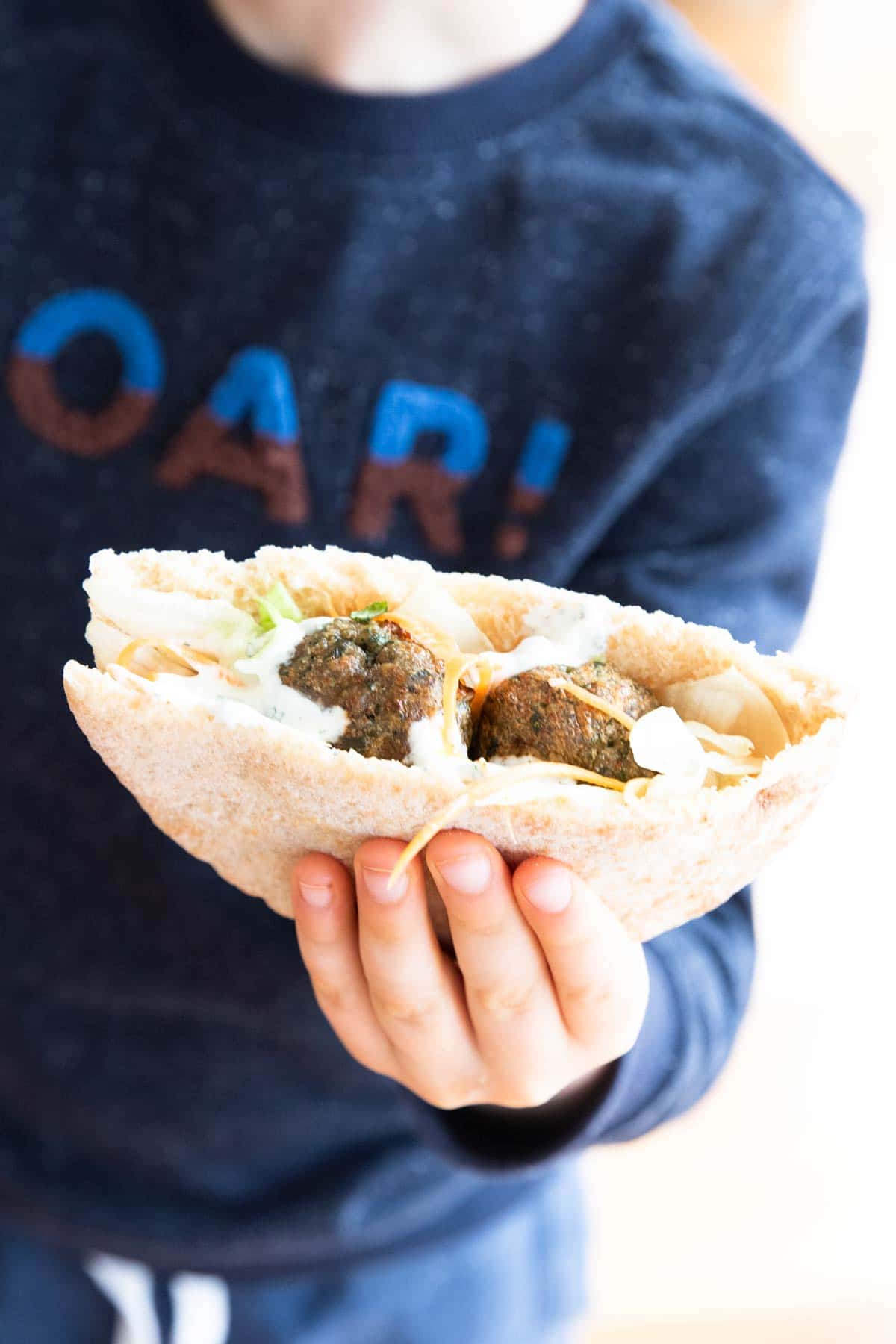 Child Holding Pita Pocket Stuffed with Lettuce, Carrot, Spiced Meatballs and Mint Yogurt.