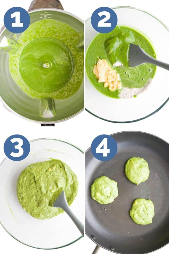 Collage of 4 Images Showing How to Make Green Pancakes. (1)Wet ingredients Blended in Blender, (2)Dry Ingredients, Wet Ingredients and Mashed Banana in Bowl, Mixture Combined in Bowl (4) Pan with Pancakes Cooked on one side)