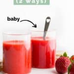 Strawberry Puree Pinterest Pin Showing Strawberry Puree in Glass Jars.