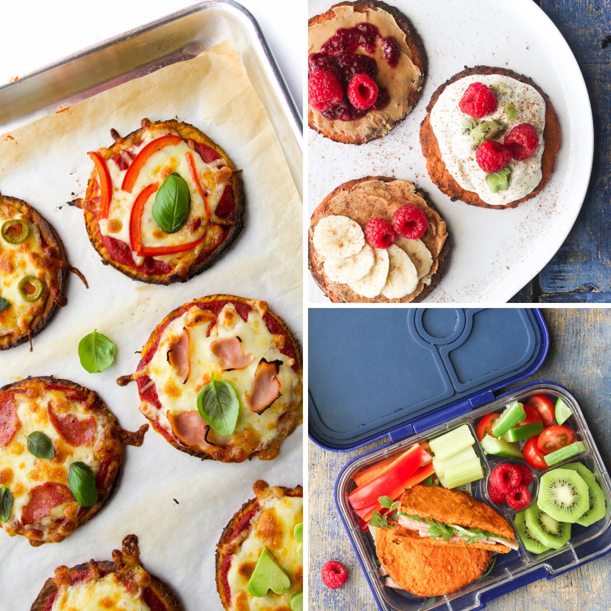 Collage of 3 Images of Mini Sweet Potato Pizzas . The First with Regular Pizza Toppings, The second with Sweet Pizza Toppings and the Third in Lunchbox Made as a Sandwich. 