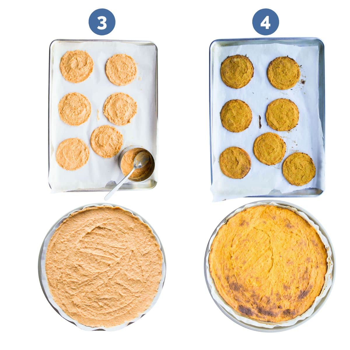 Sweet Potato Mini Pizza Bases on Baking Sheet Before and After Baking and LArge Pizza Crust Before and After Baking. 