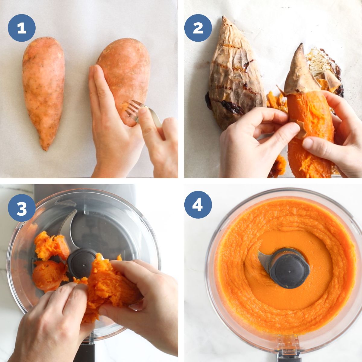 Collage of 4 Images Showing How to Make Sweet Potato Puree. 1)Pierce Sweet Potatoes 2)Peel Sweet Potatoes 3)Add to Food Processor 4)Pureed Sweet Potato.