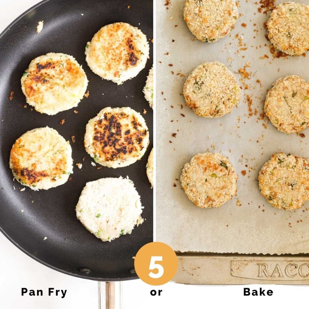 Collage of 2 Images. 1) Tuna Cakes Fried in Pan 2) Tuna Caked Cooked in Oven on Baking Sheet