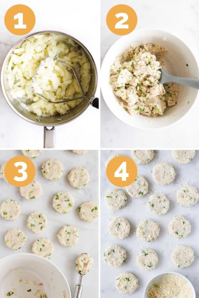 Collage of 4 Images Showing the Process Steps for Making Fish Cakes. 1)Potatoes Mashed 2)Ingredients Mixed in Bowl 3) Fish Cakes Formed into Rounds 4) Fish cakes Coated in Breadcrumbs