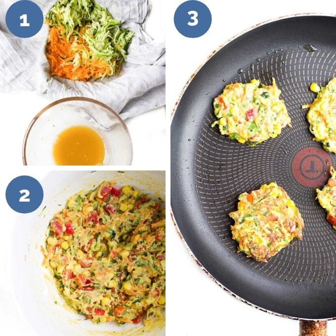 Collage Showing How to Make Vegetable Fritters (3 Process Steps)